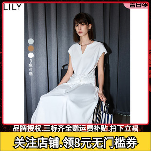 LILY2024夏季 宽肩显瘦纯色连衣裙 新品 V领收腰修饰身型遮肉小飞袖