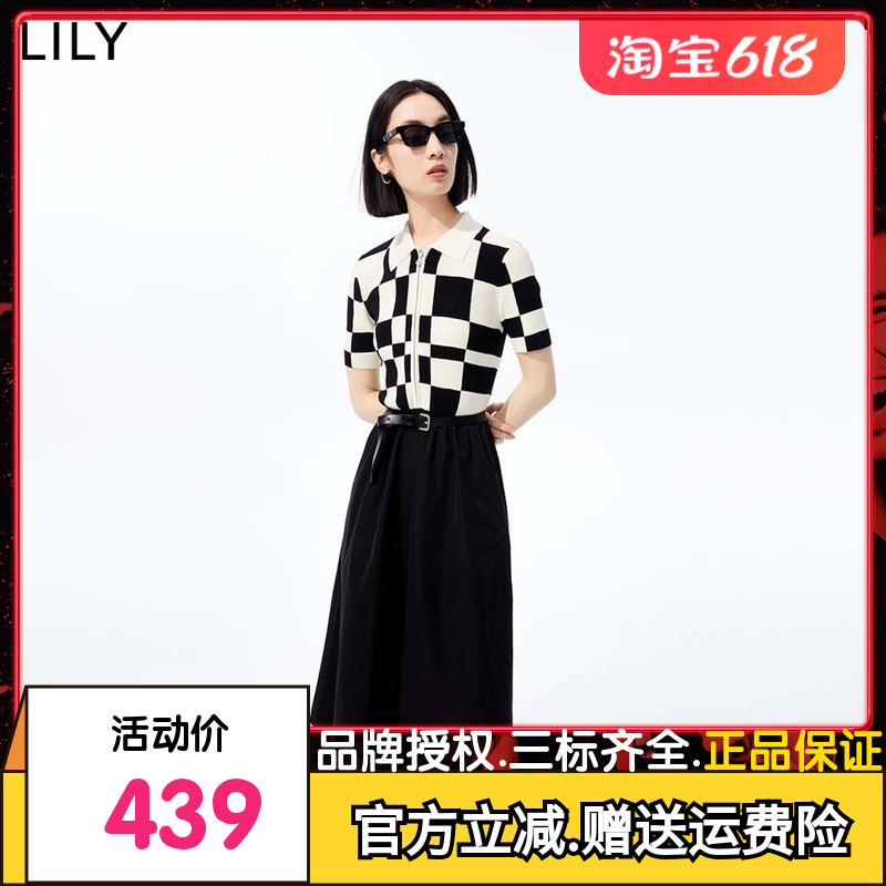 LILY2023夏新款女装复古时尚格纹洋气拼接优雅通勤翻领高腰连衣裙