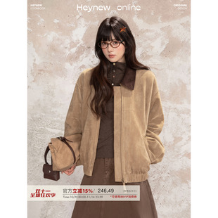 LOVEHEYNEW美式复古撞色翻领麂皮绒夹克外套女冬季百搭棒球服上衣