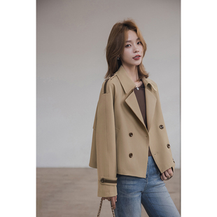小谷粒琥珀短风衣 复古双排扣外套女秋季新款直筒翻领百搭上衣
