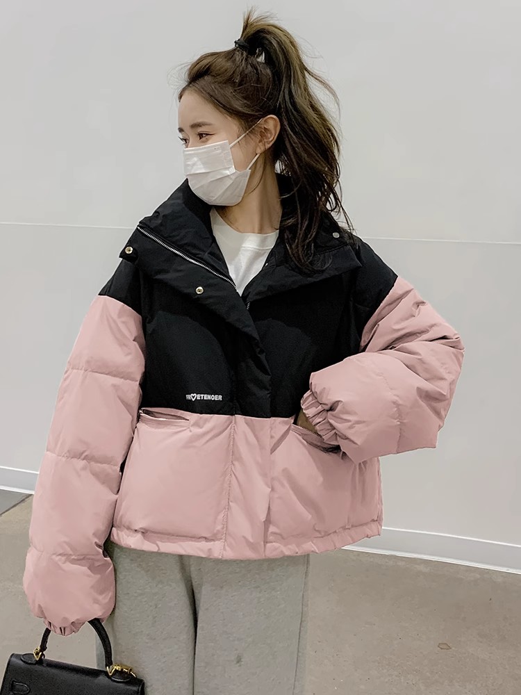 韩系短款羽绒服女2023年新款小众设计感拼色面包服小个子冬季外套