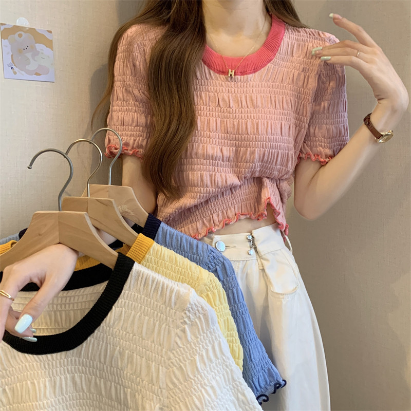 实拍实价 撞色木耳边减龄圆领T恤女别致宽松百搭短款上衣,女装/女士精品,T恤,淘宝优惠券,粉丝福利购,淘宝优惠卷