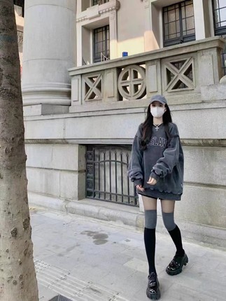 水洗灰纯棉美式卫衣oversize小众高街潮牌ins春秋宽松慵懒上衣女