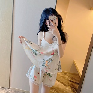 实拍实价2023新款 睡衣女中国风冰丝吊带薄款 蔷薇花家居服休闲套装