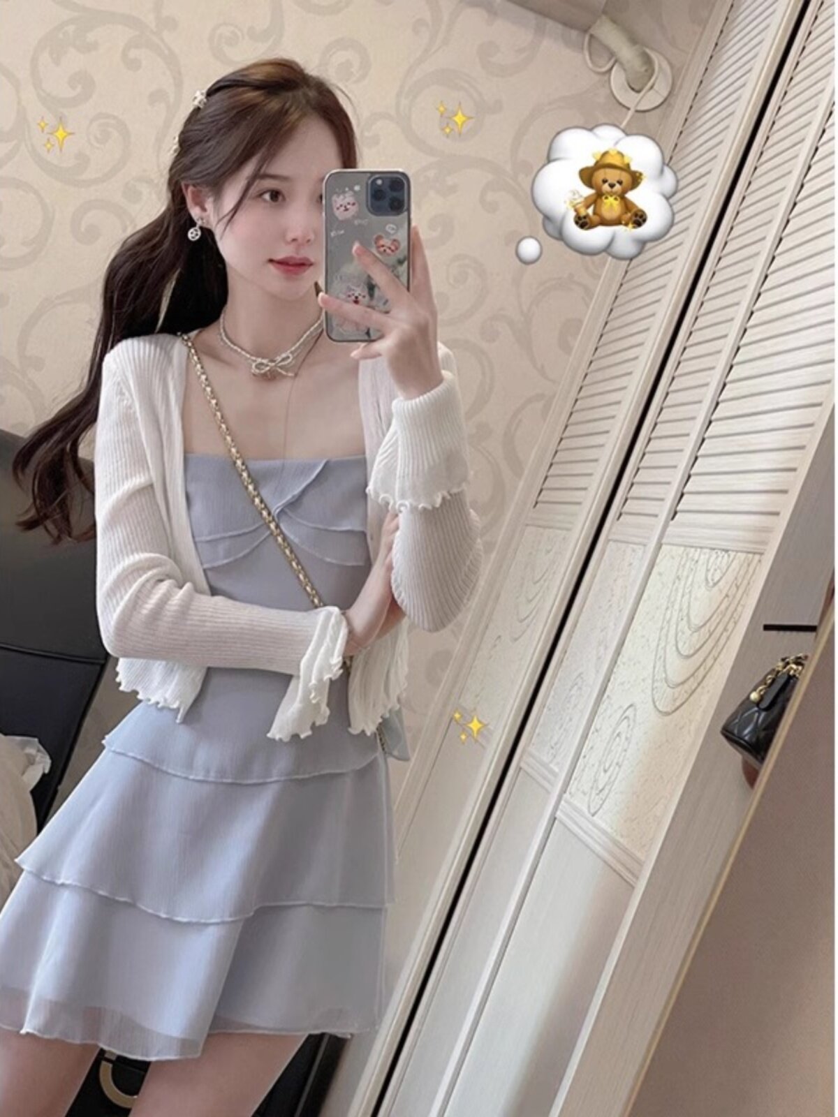 蓝色荷叶边吊带连衣裙子夏装搭配时尚套装