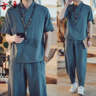 夏季 中式 套裝 棉麻漢服兩件套男裝 男復古民族風唐裝 中國風亞麻短袖