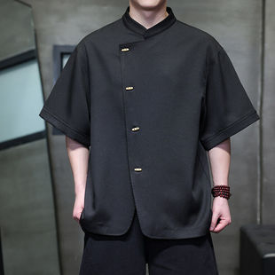 新中式唐装男中国风夏季薄款冰丝短袖衬衫斜襟汉服宽松大码上衣潮