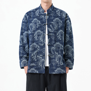 中式复古盘扣改良汉服宽松大码休闲牛仔夹克中国风男士唐装外套