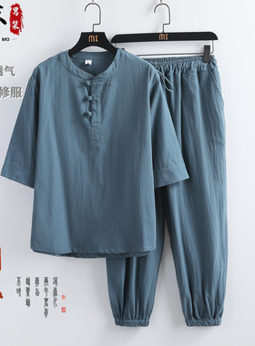 唐装男夏季短袖t恤中式棉麻套装