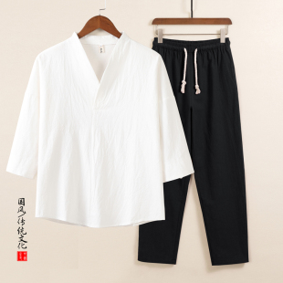 中国风棉麻睡衣男宽松大码新中式家居服套装亚麻晨练汗蒸服可外穿