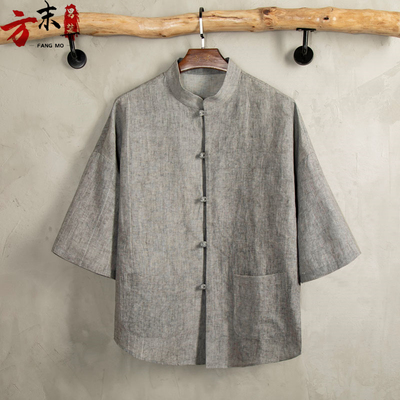 由天丨中国风夏季棉麻唐装男士七分袖衬衫休闲立领短袖复古风男装