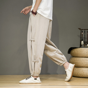 复古中国风盘扣唐装亚麻休闲长裤男夏季薄款阔腿直筒裤棉麻九分裤