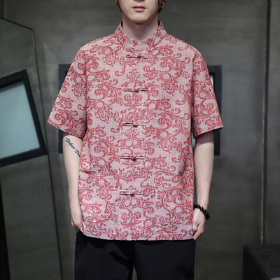 新中式男装中国风立领盘扣唐装夏季薄款透气短袖衬衫宽松居士茶服