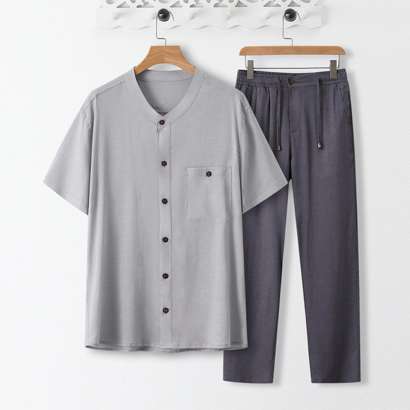 睡衣男士夏季亚麻短袖薄款中老年宽松爸爸棉麻衬衫开衫家居服套装