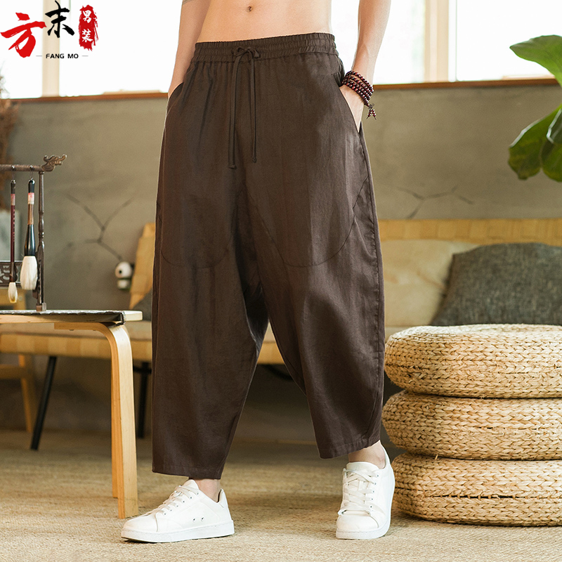 100%纯亚麻裤中国风阔腿哈伦裤男裤子夏季宽松休闲裤灯笼九分长裤
