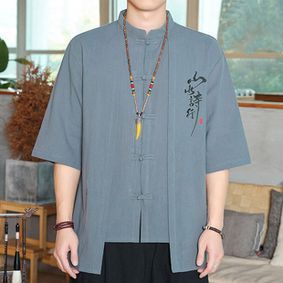 男短袖 夏季 唐装 中国风刺绣立领衬衣大码 盘扣茶禅服 假两件衬衫 中式