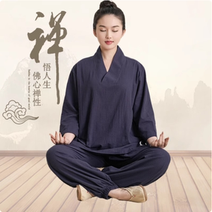 居士服女款夏季V领七分袖棉麻女装寺院师傅服装禅修打坐修行服男