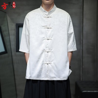 冰丝短袖衬衫男夏季薄款中国风男装复古风印花盘扣新中式唐装半袖