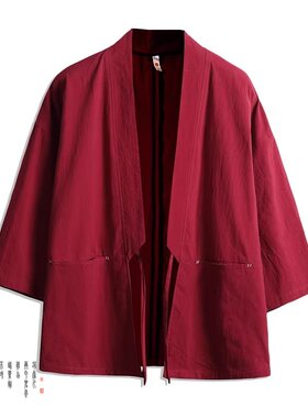 日系古风棉麻唐装汉服羽织道袍开衫中国风宽松七分袖防晒衣外套潮