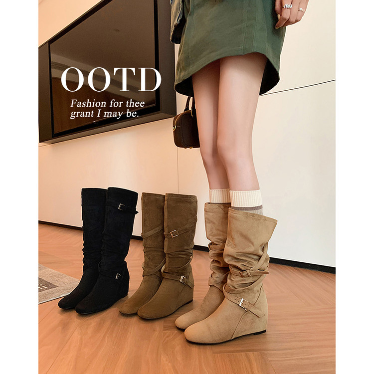 2025爆款圆头秋冬新款韩系堆堆靴女内增高西部牛仔靴中筒搭扣长靴