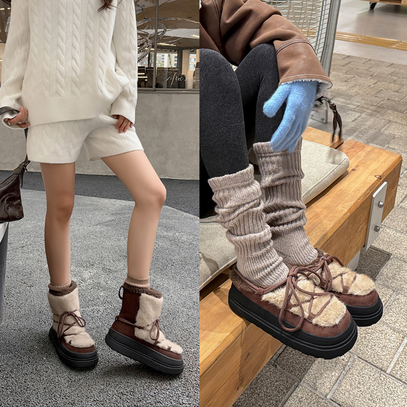 2025爆款厚底增高雪地靴女东北防滑绑带保暖【棉鞋】毛毛【拖鞋】