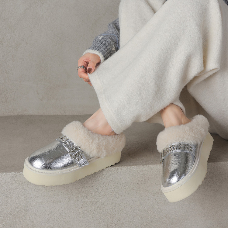4cm加绒保暖包头厚底毛毛半拖鞋女2025冬季新款外穿一脚蹬穆勒鞋