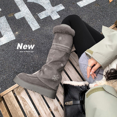 雪花刺绣厚底增高长筒雪地靴女冬季2025新款加绒加厚高筒堆堆棉靴