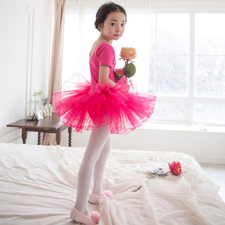 韩国进口儿童舞蹈学习蓬蓬裙练习服装 女孩跳舞演出练功玫红纱裙