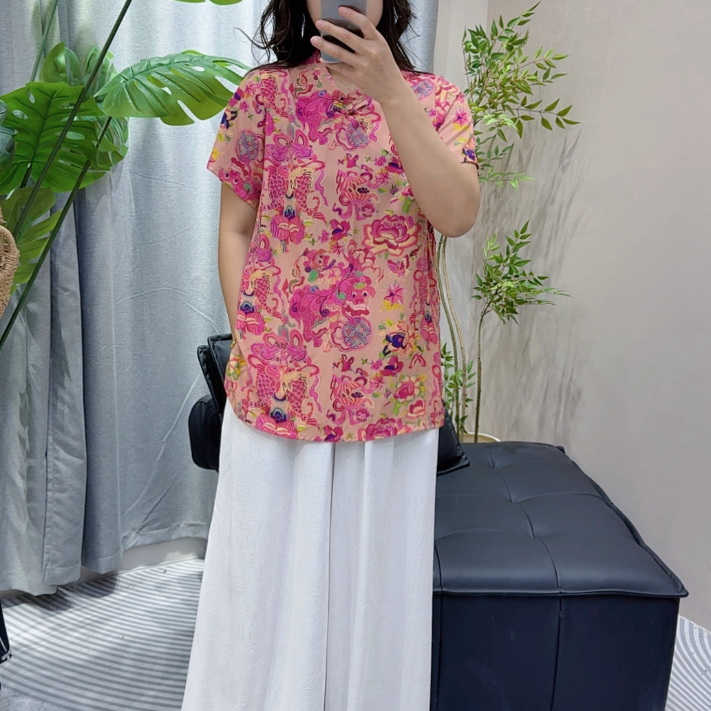 胖MM棉绸新中式旗袍上衣女夏季大码盘扣时尚显瘦人造棉短袖上衣