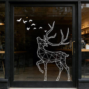 简约创意几何线条麋鹿UV静电贴整张贴画店面橱窗氛围装 饰玻璃贴纸