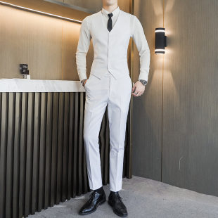 白色马甲套装男士大码坎肩西裤两件套婚礼英伦风职业装痞帅男西装