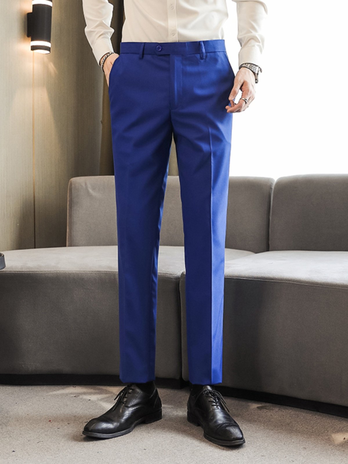 宝蓝色西裤男士工作服春秋修身长裤10个纯彩色裤子男新郎伴郎礼服