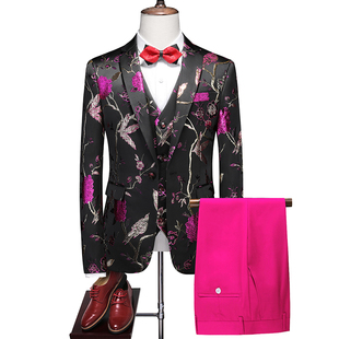 男士 时尚 大码 三件套修身 刺绣一粒扣外套 西服套装 中国风提花西装