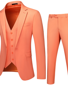 男士商务休闲伴郎新郎结婚礼服西装套装修身大码宴会西服橙色三件