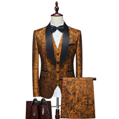 精美绣花男士 子 礼服橘黄色外套马甲裤 西服三件套国潮修身 新郎套装