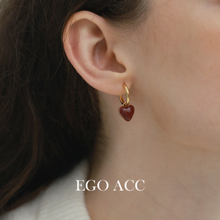 复古氛围感酒红色滴釉爱心耳环女2025新款 法式 耳圈多戴法 ACC EGO