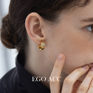 EGO 重工精致微镶四叶草金属耳圈小众设计通勤锆石耳扣耳环 ACC