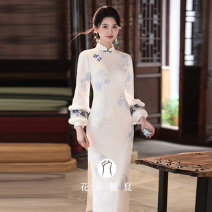 新中式国风素雅白色倒大袖旗袍冬装加绒年轻款少女连衣裙11/14