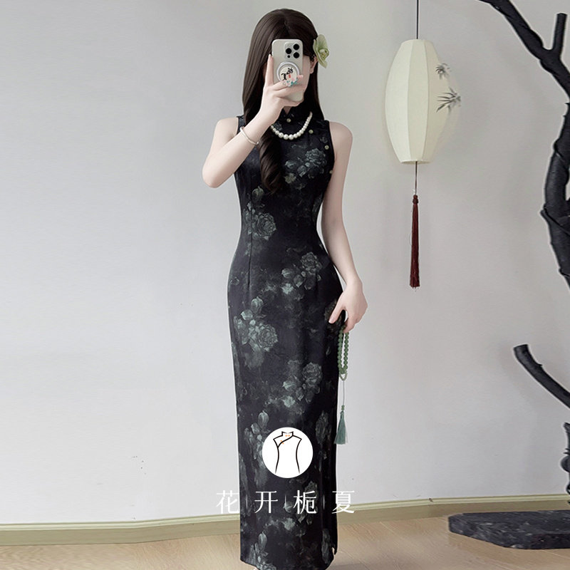 复古老上海长款无袖旗袍图片