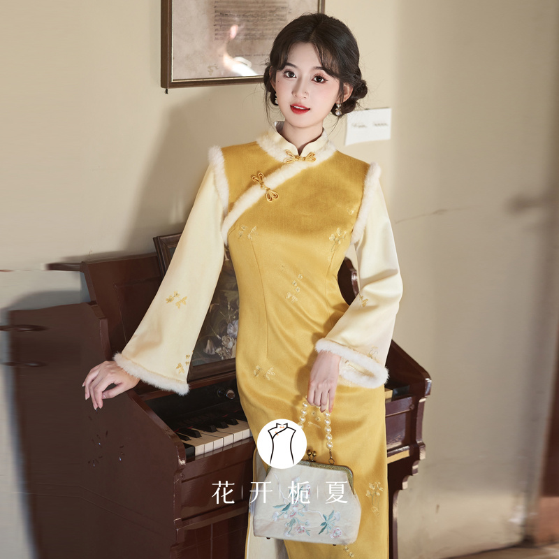 新中式改良黄色加绒旗袍