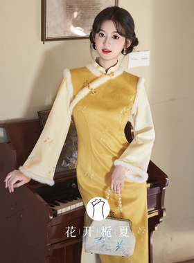 黄色加绒旗袍2025秋冬新中式改良年轻款少女倒大袖连衣裙10/17