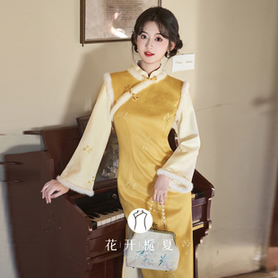 黄色加绒旗袍2025秋冬新中式改良年轻款少女倒大袖连衣裙10/17