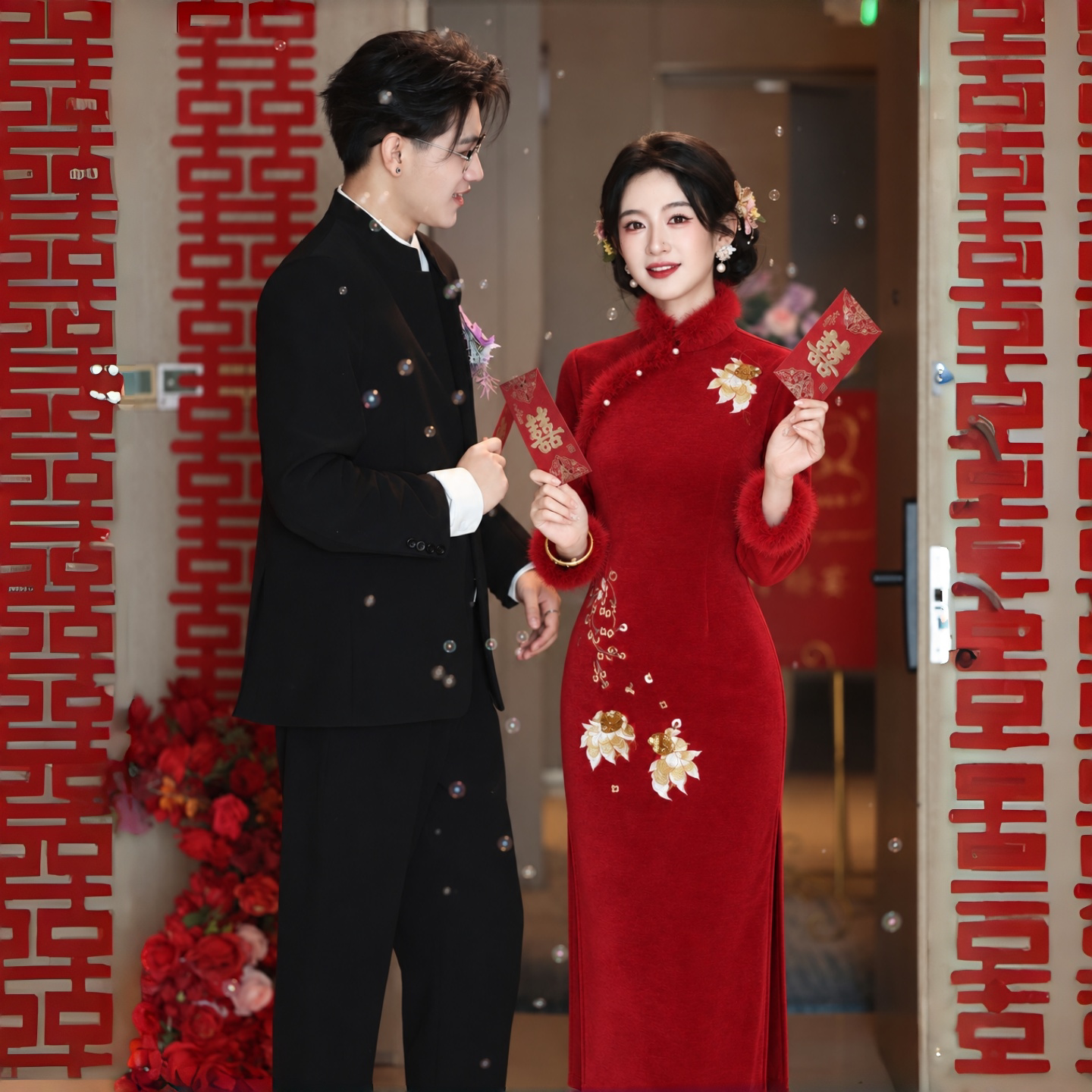 红色旗袍新娘敬酒服加绒加厚连衣裙冬装结婚礼服新中式战袍10/26