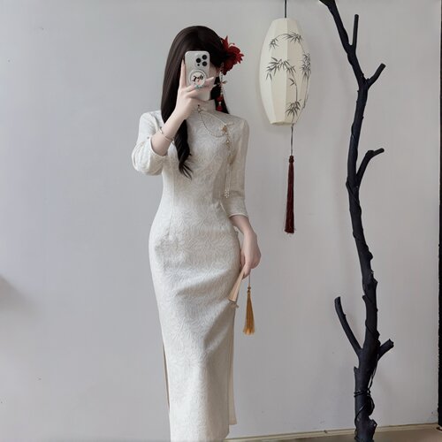 新中式年轻款少女米白色蕾丝旗袍