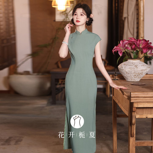 新中式改良复古绿色旗袍日常可穿