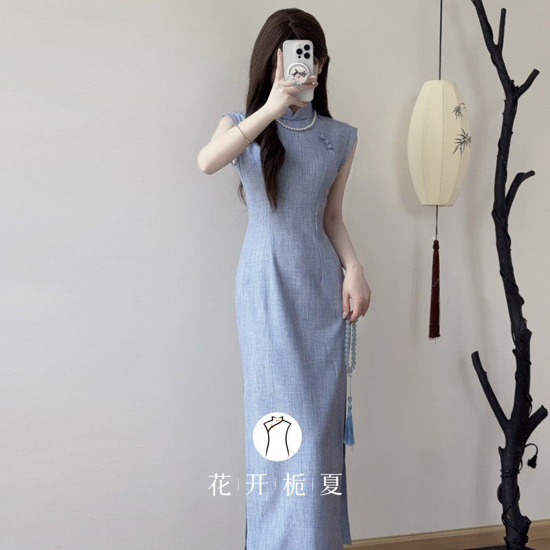 新中式改良少女蓝色无袖旗袍图片