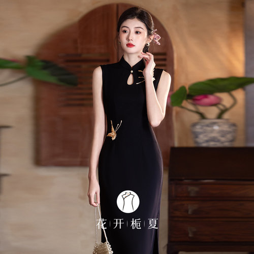 新中式绝美气质黑色无袖旗袍