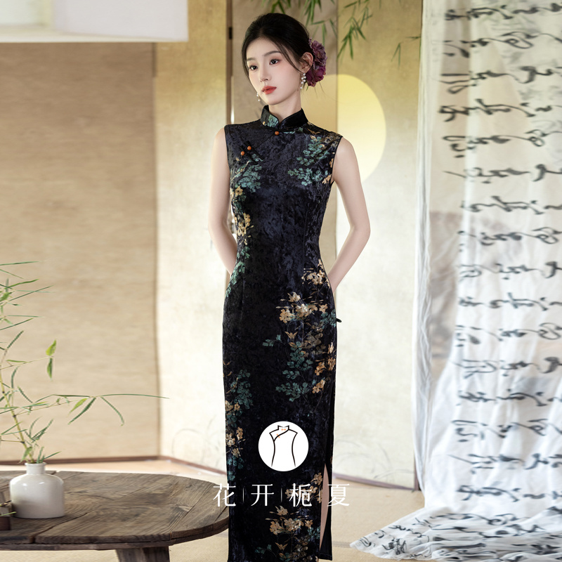 老上海复古风黑色丝绒旗袍