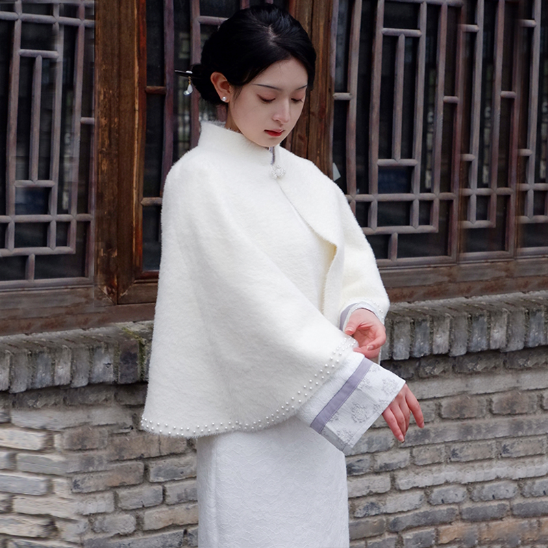 花开栀夏旗袍披肩仿水貂绒珍珠斗篷外套2022年冬季新款百搭小外套