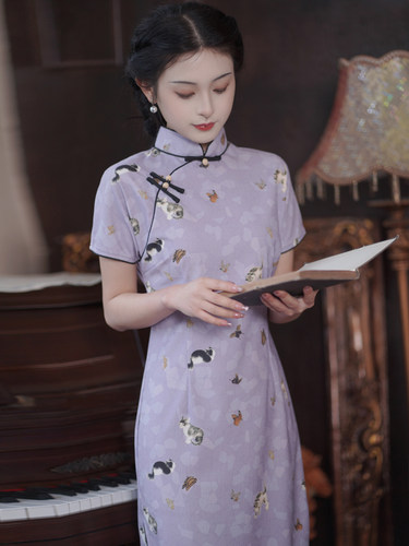 文艺清新少女猫咪印花旗袍